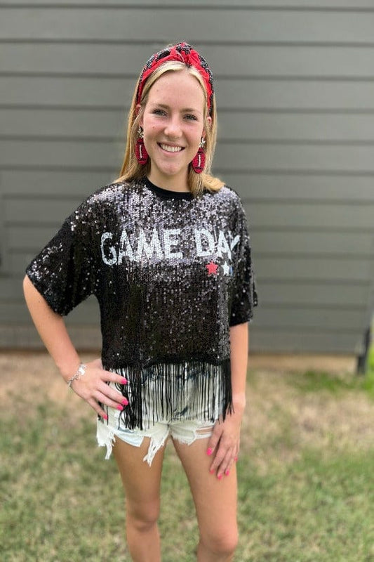 GAME DAY SEQUIN FRINGE TOP