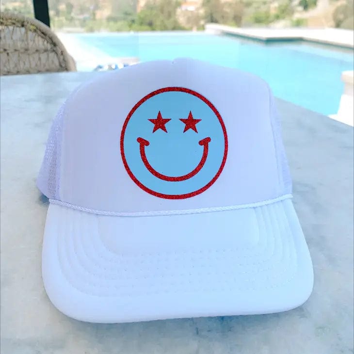 red smiley face trucker hat